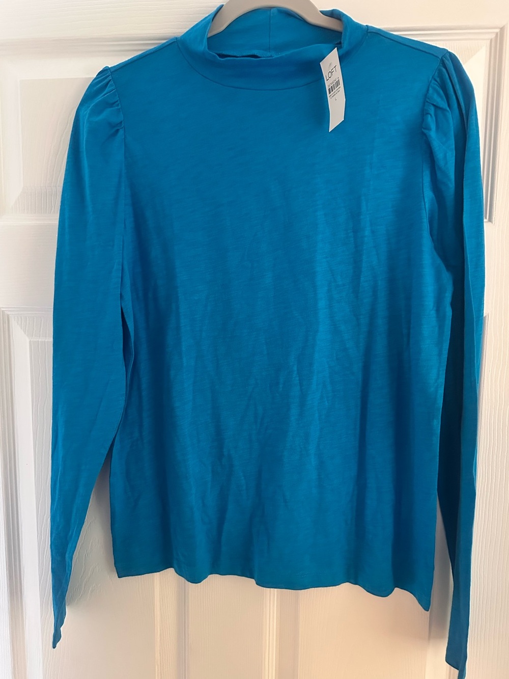 NWT LOFT Blue Puff Sleeve Mock Neck Top Size L